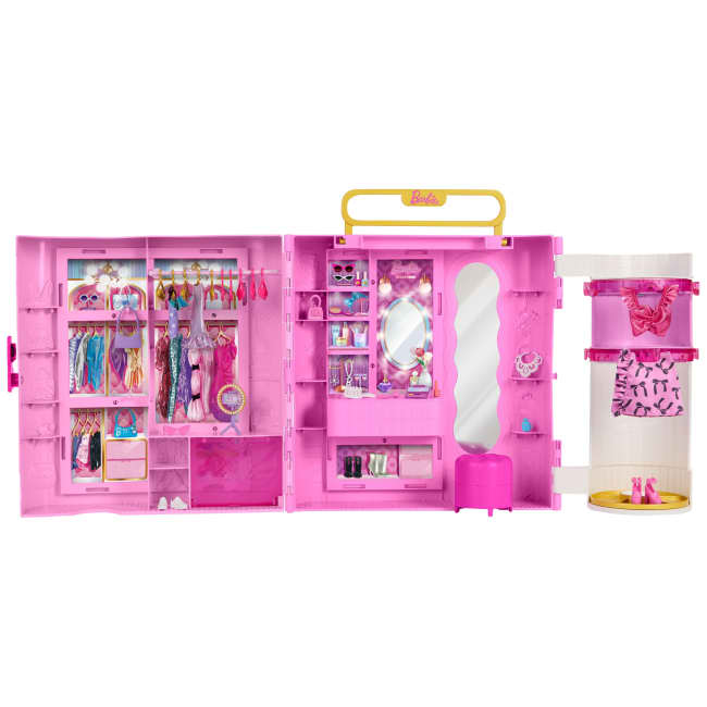 Barbie Closet With Spin & Style Feature, Vanity, Ottoman, 4 Fashions, 20+ Pieces, Portable Storage