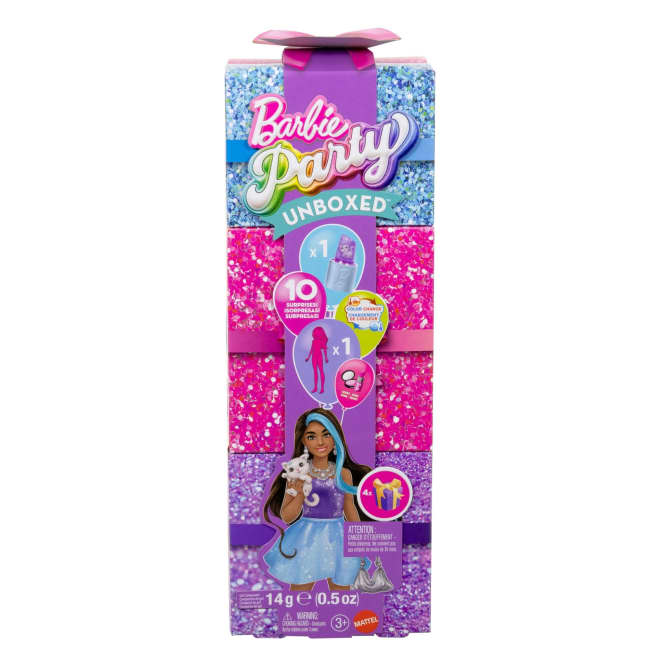 Barbie Party Unboxed Glam Party Series Purple Sparkle Doll & Accessories With 10 Surprises