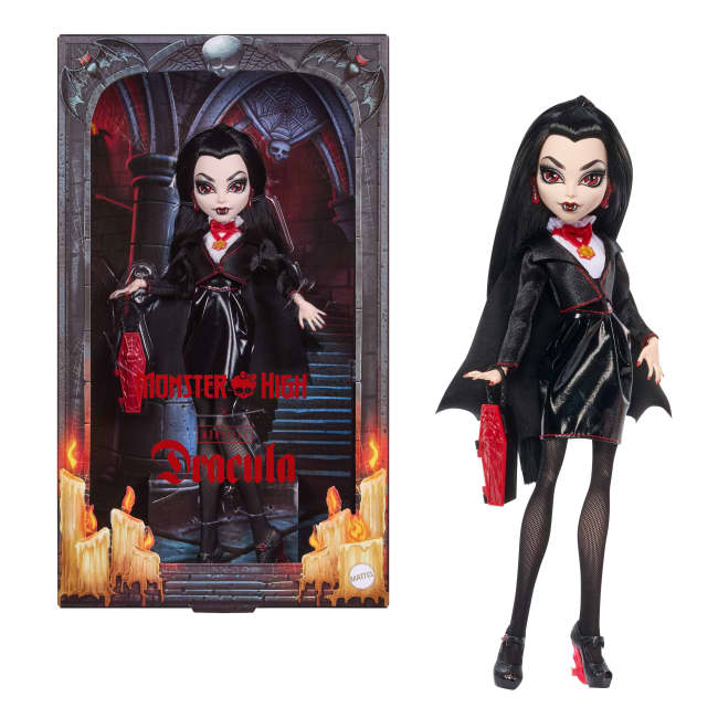 Monster High Skullector Boneca de Coleção Universal Monsters Dracula com Vestido Preto e Bolsa de Caixão