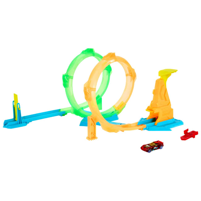 Hot Wheels Neon Speeders Double Loop Dash Track Set With 1:64 Scale Toy Car