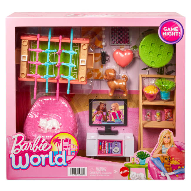 Barbie World Game Room Set With 19 Dollhouse Accessories including Furniture, Foosball Table & Pets