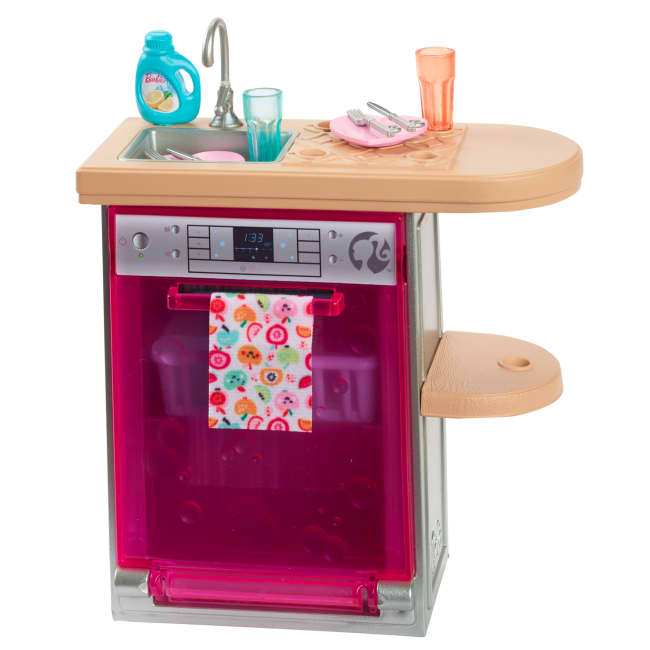 Barbie World Toy Dishwasher Set With 9 Dollhouse Kitchen Accessories Including Plates, Drying Rack, & More