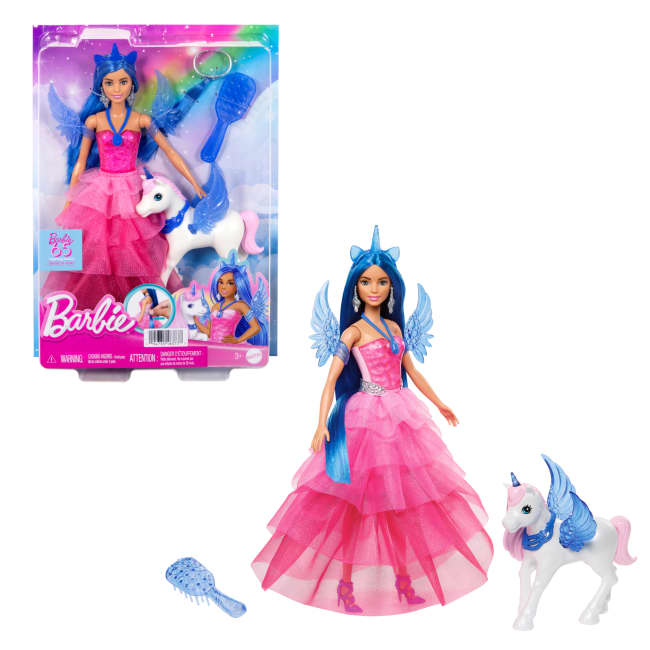 Barbie Unicorn Toy, 65th Anniversary Doll With Blue Hair, Pink Gown & Pet Alicorn
