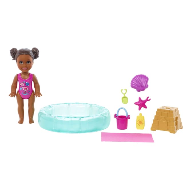 Barbie Small Doll And Accessories, Babysitters Inc. Set With 1 Pool And 5 Pieces