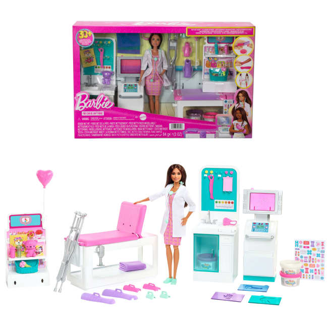 Barbie Fast Cast Clinic Playset With Brunette Barbie Doctor Doll, 4 Play Areas, 30+ Play Pieces