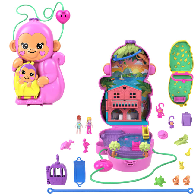 Polly Pocket Conjunto de Brinquedo Compacto Mundo Surpresa Mamãe Macaca e seu Bebê