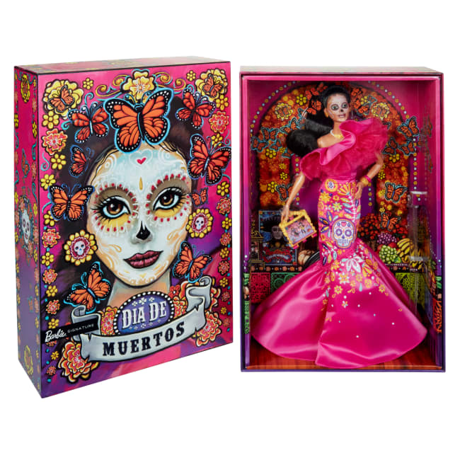 2023 Día De Muertos Barbie Doll Wearing Ruffled Pink Gown And Holding Tiny Ofrenda, Barbie Signature