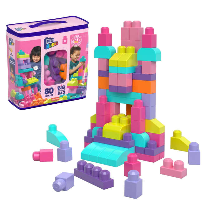 MEGA Bloks Fisher-Price Toy Blocks Pink Big Building Bag With Storage (80 Pieces) For Toddler