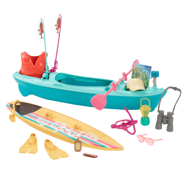 Barbie World Kayak & Surf Playset With 17 Camping Accessories Including Kayak Boat, Surfboard & More