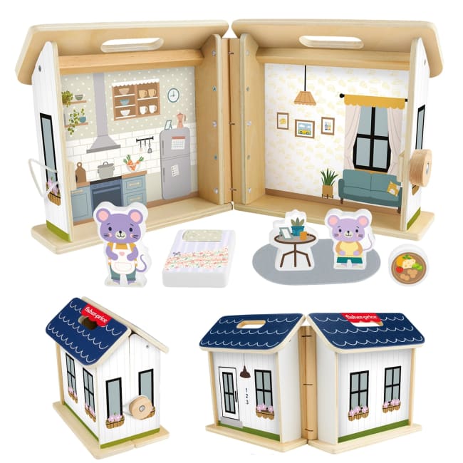 Fisher-Price Wooden On-The-Go Play House Dollhouse With 6 Play Pieces For Preschool Kids