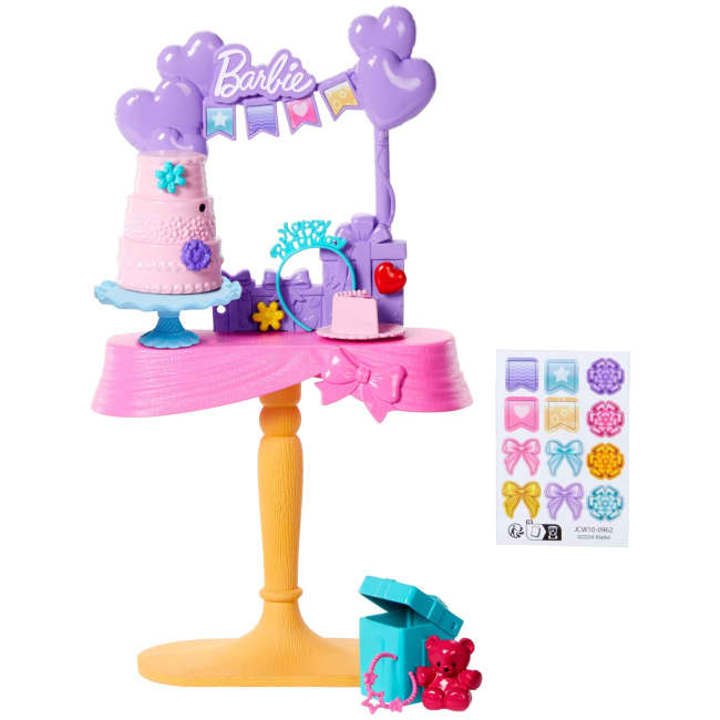 Barbie World Birthday Party Set With Doll Accessories including Cake, Presents, & Sticker Sheet