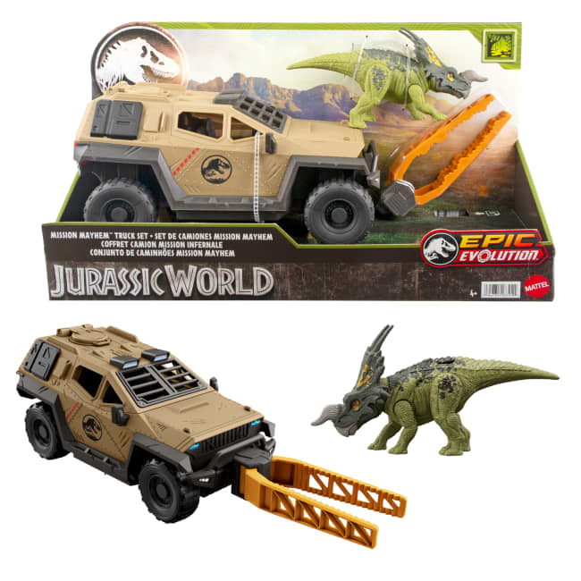 Jurassic World Mission Mayhem Truck & Dinosaur Action Figure Toy Set With Flipping Feature