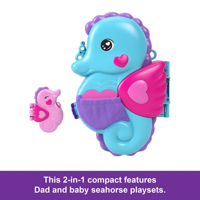 Polly Pocket Daddy & Me Seahorse Purse With 2 Micro Dolls, Pets & 13 Accessories, 2-in-1 Purse & Toy, Starring Shani