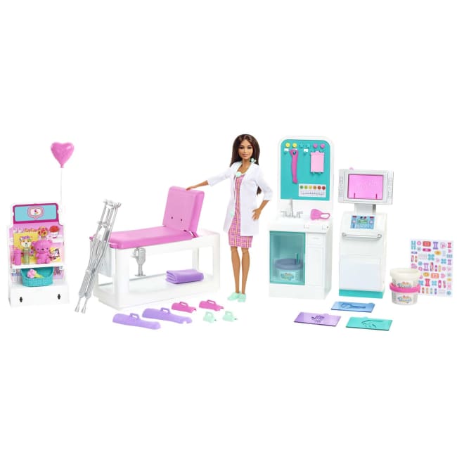 Barbie Fast Cast Clinic Playset With Brunette Barbie Doctor Doll, 4 Play Areas, 30+ Play Pieces