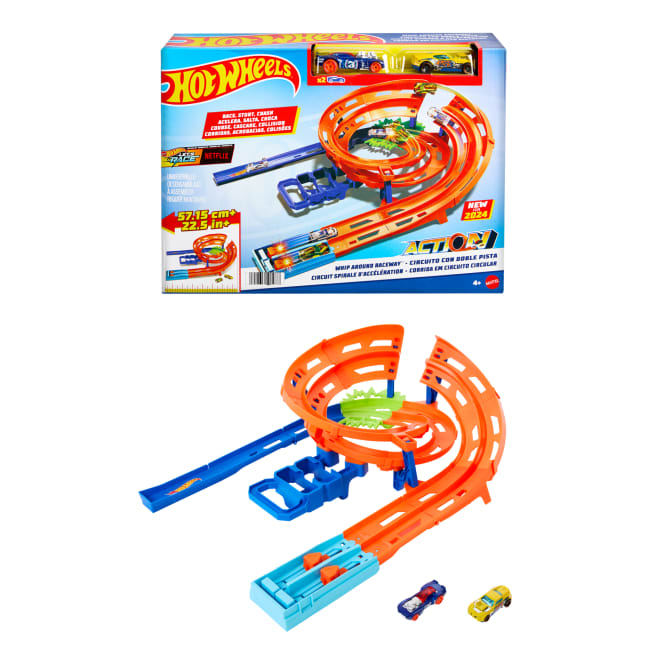 Hot Wheels Whip Around Raceway, 2 Toy Cars in 1:64 Scale, Storage