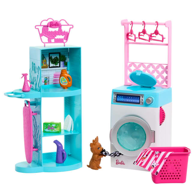 Barbie World Spinning Washer & Dryer Toy Playset With Laundry Accessories Like Hangers, Basket, & More