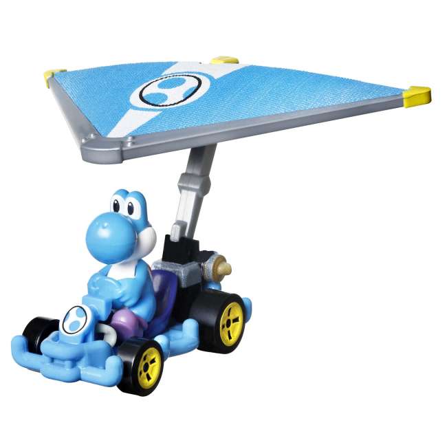 Hot Wheels Mario Kart Vehículo de Juguete Yoshi Azul Claro Pipe Frame con Super Glider