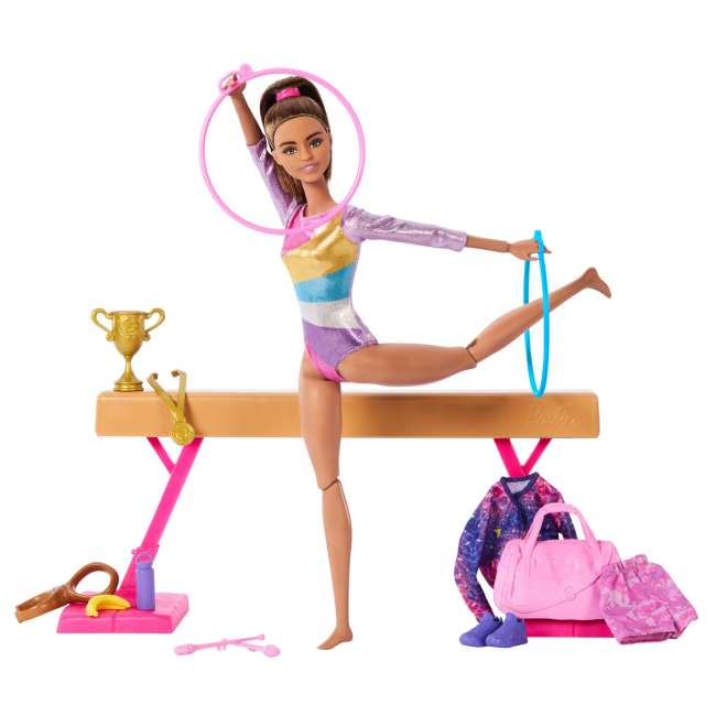 Barbie Coffret de Jeu Gymnaste, Poupée Mode, Brunette, 10Accessoires