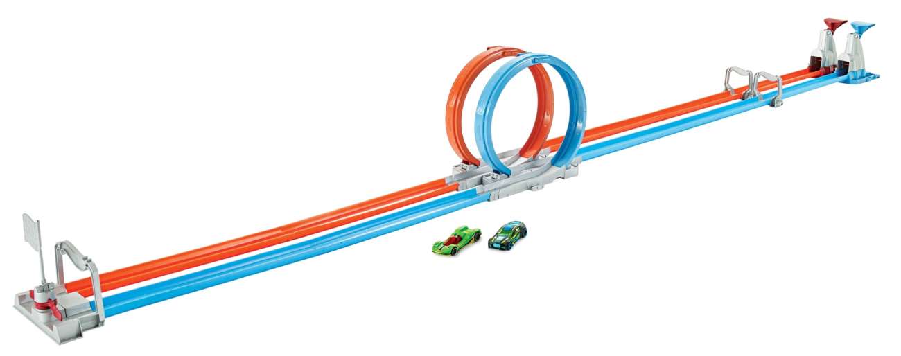 Hot Wheels Çift Çemberde Depar, Düz Pist, Büyük Çemberler Ve 2 Adet 1:64 Ölçekli Oyuncak Araba