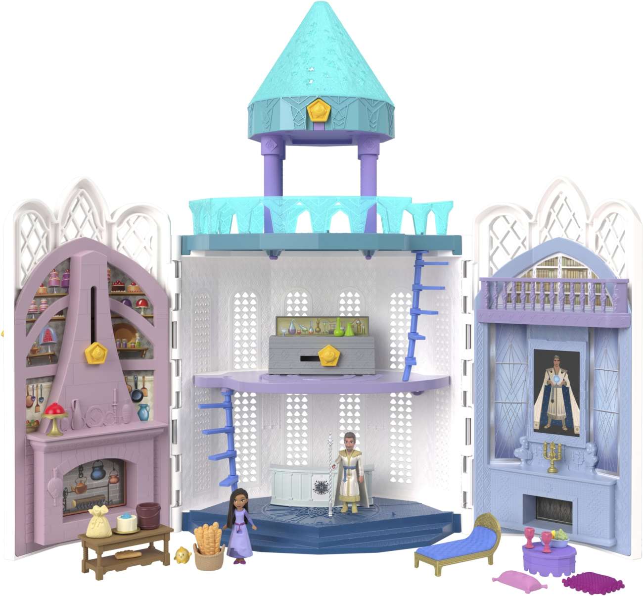 Disney Château De Rosas Coffret Wish Avec 2 Mini-Poupées Articulées, 1 Figurine Star, 20 Accessoires, 1 Dôme Avec Projection Lumineuse