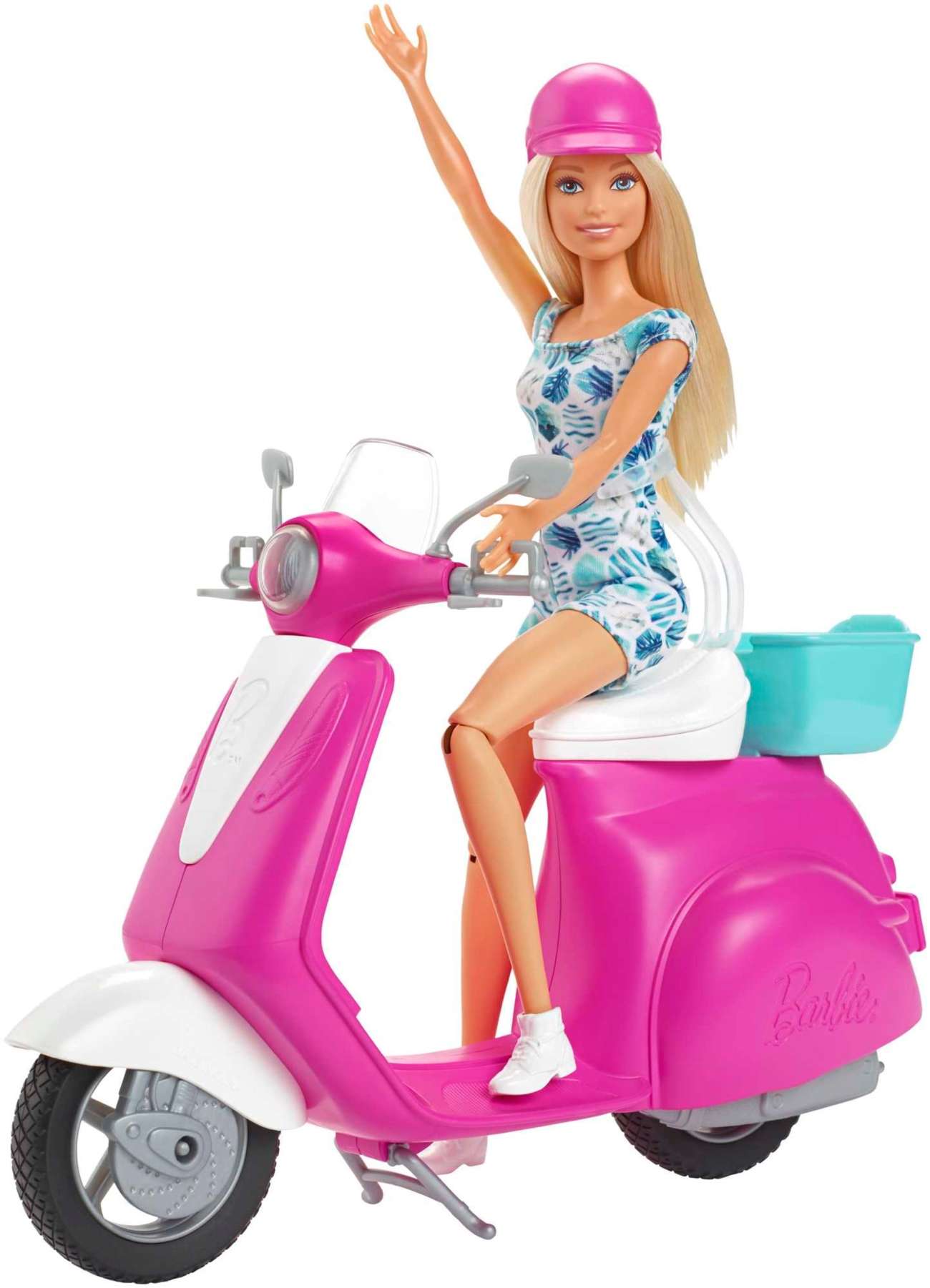 Barbie Doll, Blonde, and Pink and White Scooter with Kickstand and Teal Basket