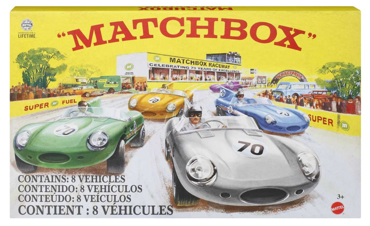 Matchbox Cars, Set of 8 Die-Cast Cars in 1:64 Scale with Matchbox 70th Anniversary Finish
