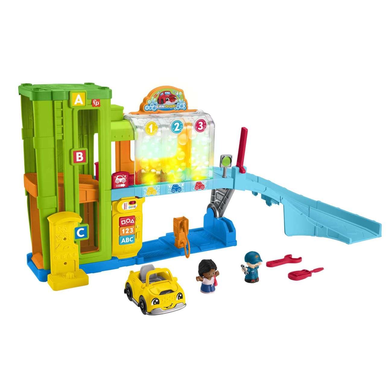 Fisher-Price Little People Playset Autolavaggio per bambini piccoli con 5 pezzi per il gioco, versione multilingue