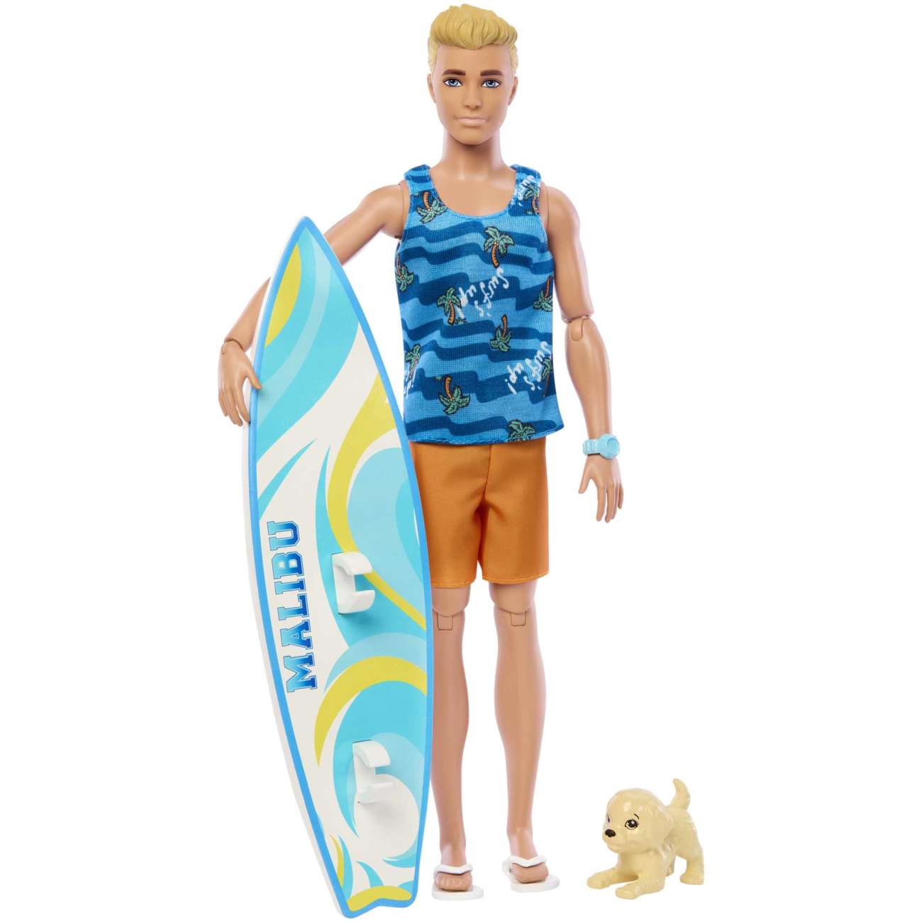 Barbie Coffret Surf Ken - Poupée Blonde Articulée, Planche De Surf, Chiot Et Accessoires