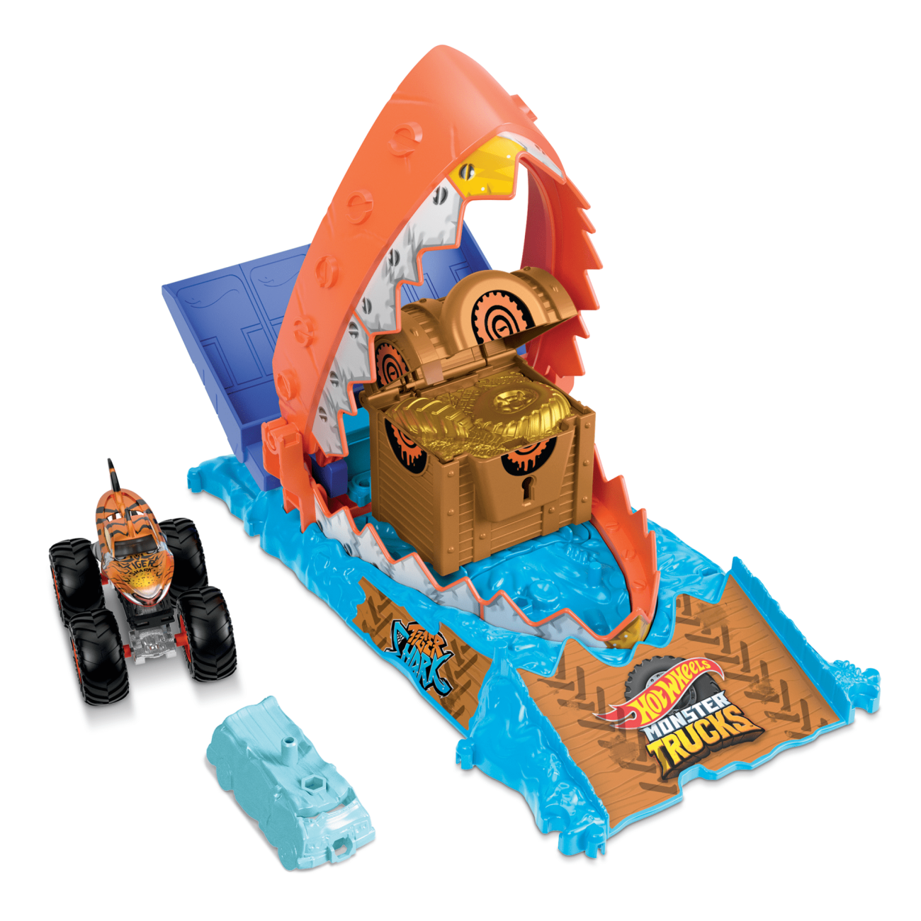 Hot Wheels Monster Trucks Arena Smashers Treasure Chomp Challenge Playset With 1:64 Scale Tiger Shark Toy Truck & Crushed Car