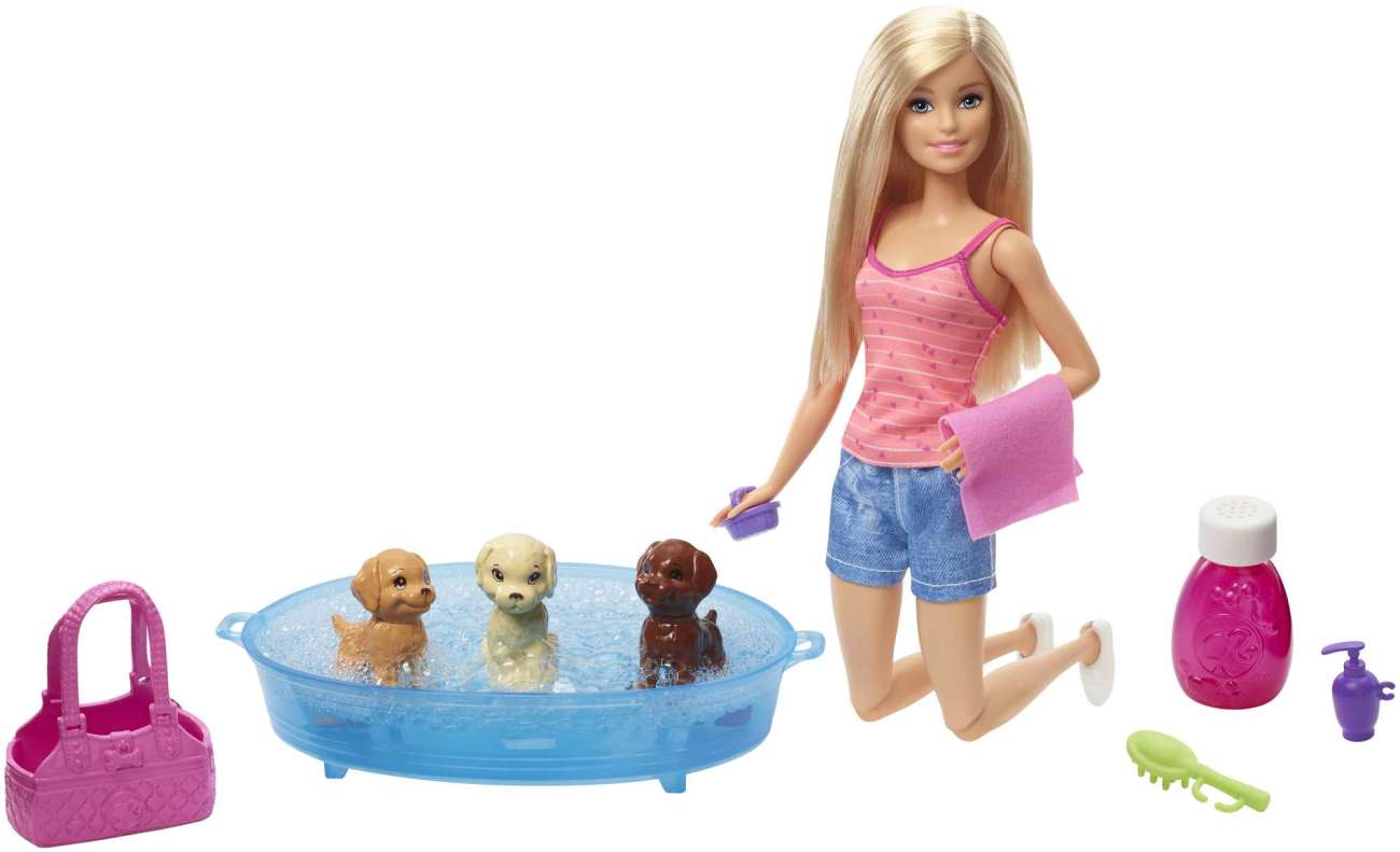 Barbie Doll, Blonde, And Playset With 3 Puppies, Bathtub And Accessories
