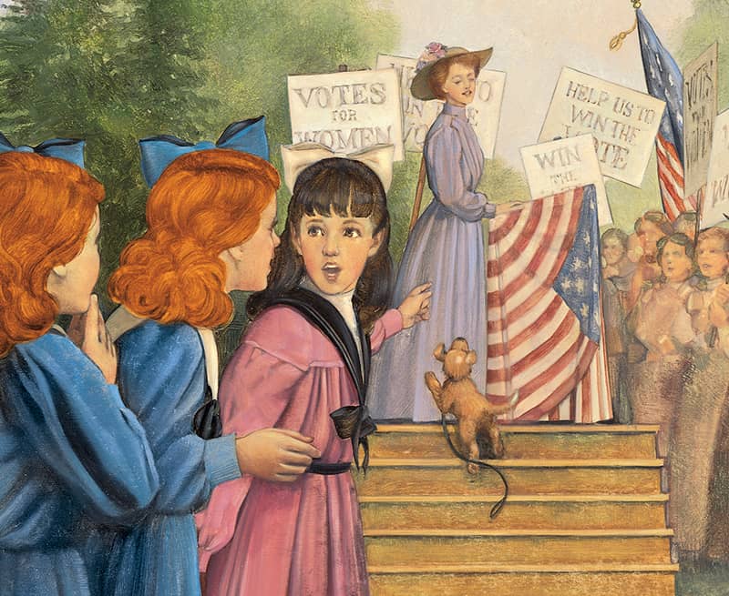 Illustrated image of Samantha at a suffragette rally