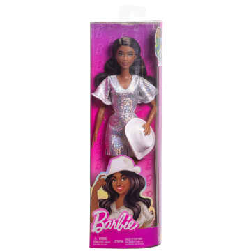 Barbie Fashionistas Doll #239 in Sparkly Silver Dress With Cowboy Hat And Boots, Black Hair - Image 6 of 6