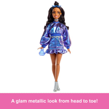 Barbie Deluxe Style Fashion Doll #7 in Metallic Blue Top And Skirt With Accessories, Brunette - Image 4 of 6