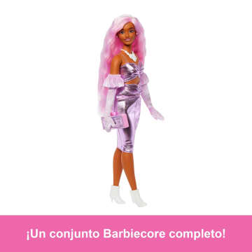 Muñeca Barbie Deluxe Style N.1 Con Vestido Barbiecore En Rosa Brillante Con Guantes De Terciopelo Y Pelo Rosa - Bild 5 von 6