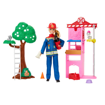 Barbie Brandweervrouw, Speelset Met Blonde Modepop, Brandweerkazerne, 2 Dierenvriendjes En Meer Dan 10 Accessoires