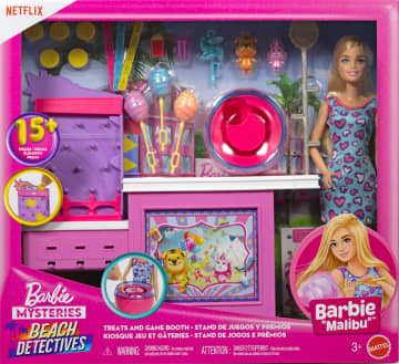 Conjunto De Juego De “Barbie Mysteries: Beach Detectives” Con Muñeca Barbie Malibu Y Puesto De Juegos Con Máquina De Algodón De Azúcar Y Accesorios