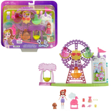 Polly Pocket Tropikal Eğlence Karnavalı Oyun Seti; 7 Cm Lila Bebek, 1 Adet Yavru Köpek, 10 Adet Aksesuar Ve Dönme Dolap