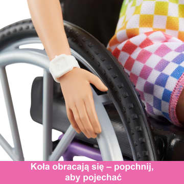 Barbie Fashonistas Lalka blondynka na wózku Strój w kratkę