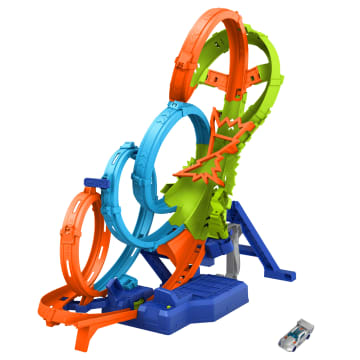 Conjunto De Pista Colisión De 4 Loopings De Hot Wheels Con Propulsor Motorizado Y Coche De Juguete A Escala 1:64