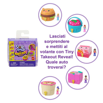 Polly Pocket Tiny Take Out Reveal, Assortimento Di Mini Bambole E Cofanetti Con Macchinine Giocattolo, Collezione Di Veicoli A Tema Cibo