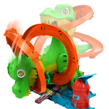 Conjunto De Juego T-Rex Batalla En Llamas De Hot Wheels City Con Coche Metálico A Escala 1:64 Y Dinosaurio Enemigo