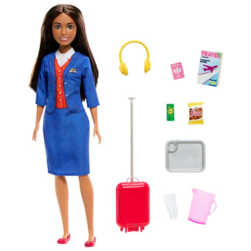 Bavul, Kulaklık Ve Pasaport Aksesuarlarıyla Mavi Üniforma Giyen Hostes Barbie Bebek