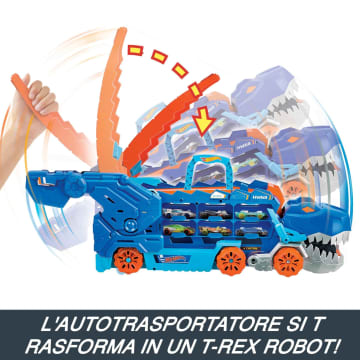 Hot Wheels City MEGA Dino Trasportatore, Si Trasforma in Un T-Rex Con Pista Da Corsa, Box Per Riporre Oltre 20 Macchinine