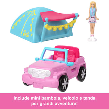 Barbie Mini Barbieland, Set Con Veicolo E Bambola Da 3,8 Cm, Suv Cambia Colore E Tenda