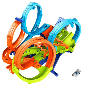 Conjunto De Pista Colisión De 4 Loopings De Hot Wheels Con Propulsor Motorizado Y Coche De Juguete A Escala 1:64