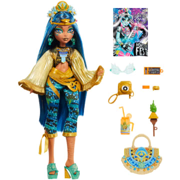 Muñeca De Cleo De Nile Del Monster Fest De Monster High Con Atuendo Festivalero, Póster De Un Grupo Y Accesorios