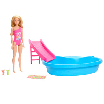 Barbie Pop En Zwembad, Speelset, Blonde Pop Met Zwembad, Glijbaan, Handdoek En Drinkaccessoires