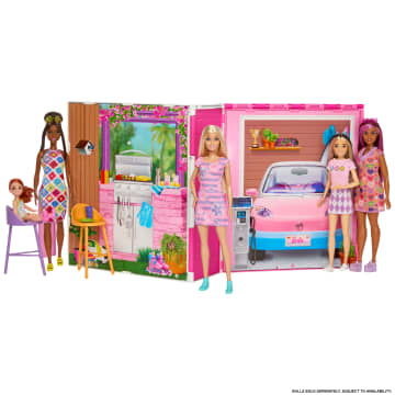 Barbie Portatif Tatil Evi Ve Barbie Bebek, 4 Oyun Alanı Ve 11 Dekorasyon Aksesuarı