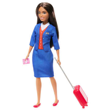 Bavul, Kulaklık Ve Pasaport Aksesuarlarıyla Mavi Üniforma Giyen Hostes Barbie Bebek