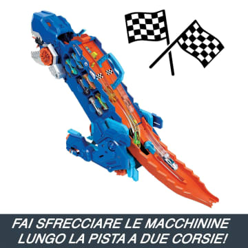 Hot Wheels City MEGA Dino Trasportatore, Si Trasforma in Un T-Rex Con Pista Da Corsa, Box Per Riporre Oltre 20 Macchinine